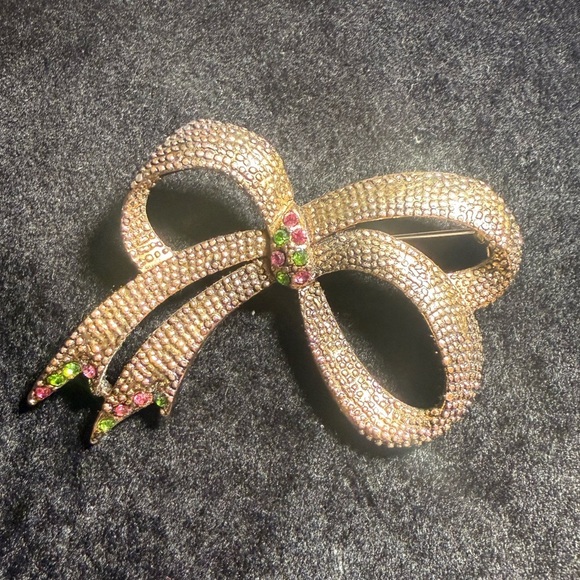 Jewelry - Vintage Style Bronze Tone Rhinestone Bow Brooch Pink Green Statement Pin